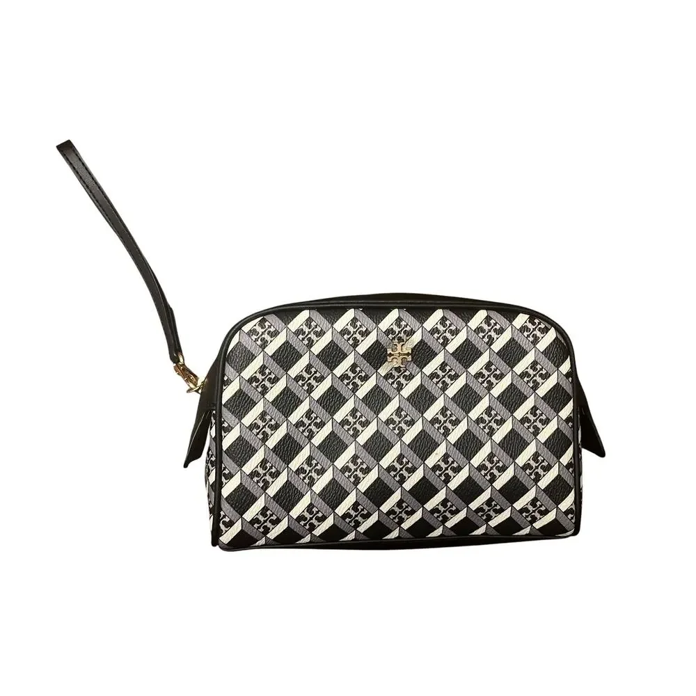 Tory Burch T Monogram Geometric Wristlet Pouch Bag Navy Blue Cream Logo Cosmetic